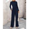 imageBTFBM Jumpsuits For Women Dressy Long Sleeve Wide Pants Rompers Mock Neck Ruched 2025 Casual Spring One Piece JumpsuitSolid Navy