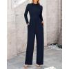 imageBTFBM Jumpsuits For Women Dressy Long Sleeve Wide Pants Rompers Mock Neck Ruched 2025 Casual Spring One Piece JumpsuitSolid Navy