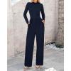 imageBTFBM Jumpsuits For Women Dressy Long Sleeve Wide Pants Rompers Mock Neck Ruched 2025 Casual Spring One Piece JumpsuitSolid Navy