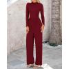 imageBTFBM Jumpsuits For Women Dressy Long Sleeve Wide Pants Rompers Mock Neck Ruched 2025 Casual Spring One Piece JumpsuitSolid Wine Red