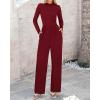 imageBTFBM Jumpsuits For Women Dressy Long Sleeve Wide Pants Rompers Mock Neck Ruched 2025 Casual Spring One Piece JumpsuitSolid Wine Red