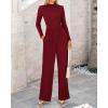imageBTFBM Jumpsuits For Women Dressy Long Sleeve Wide Pants Rompers Mock Neck Ruched 2025 Casual Spring One Piece JumpsuitSolid Wine Red