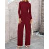 imageBTFBM Jumpsuits For Women Dressy Long Sleeve Wide Pants Rompers Mock Neck Ruched 2025 Casual Spring One Piece JumpsuitSolid Wine Red