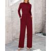 imageBTFBM Jumpsuits For Women Dressy Long Sleeve Wide Pants Rompers Mock Neck Ruched 2025 Casual Spring One Piece JumpsuitSolid Wine Red