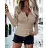 imageBTFBM Women Long Sleeve Shirts Fall Tops V Neck Button Up Slim Fit Ribbed Knit Solid Color Casual Shirts 2025Khaki
