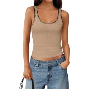 imageBTFBM Sleeveless Tops for Women 2026 Summer Scoop Neck Tank Ribbed Knit Slim Fit Sweater Vest Casual Beach VacationKhaki