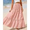imageBTFBM Boho Long Skirts for Women Spring Summer 2026 Lace Embroidery High Waist Flowy Tiered Maxi Skirt Beach VacationPink