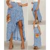 imageBTFBM Women 2026 Spring Summer Long Skirts Dress Boho Floral Elastic Waist Split Ruffle High Low Beach Maxi Skirt ClothesBlue
