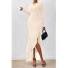 imageBTFBM Womens Maxi Dresses Fall 2025 Long Sleeve Ruched Bodycon Solid Ruffle Mermaid Cocktail Wedding Guest DressBeige