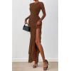 imageBTFBM Womens Maxi Dresses Fall 2025 Long Sleeve Ruched Bodycon Solid Ruffle Mermaid Cocktail Wedding Guest DressBrown