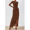 imageBTFBM Womens Maxi Dresses Fall 2025 Long Sleeve Ruched Bodycon Solid Ruffle Mermaid Cocktail Wedding Guest DressBrown