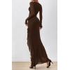 imageBTFBM Womens Maxi Dresses Fall 2025 Long Sleeve Ruched Bodycon Solid Ruffle Mermaid Cocktail Wedding Guest DressCoffee