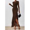 imageBTFBM Womens Maxi Dresses Fall 2025 Long Sleeve Ruched Bodycon Solid Ruffle Mermaid Cocktail Wedding Guest DressCoffee