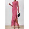 imageBTFBM Womens Maxi Dresses Fall 2025 Long Sleeve Ruched Bodycon Solid Ruffle Mermaid Cocktail Wedding Guest DressGrey Pink