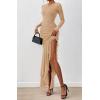 imageBTFBM Womens Maxi Dresses Fall 2025 Long Sleeve Ruched Bodycon Solid Ruffle Mermaid Cocktail Wedding Guest DressKhaki