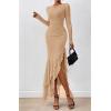 imageBTFBM Womens Maxi Dresses Fall 2025 Long Sleeve Ruched Bodycon Solid Ruffle Mermaid Cocktail Wedding Guest DressKhaki