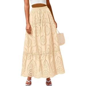 imageBTFBM Boho Long Skirts for Women Spring Summer 2026 Lace Embroidery High Waist Flowy Tiered Maxi Skirt Beach VacationBeige