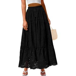 imageBTFBM Boho Long Skirts for Women Spring Summer 2026 Lace Embroidery High Waist Flowy Tiered Maxi Skirt Beach VacationBlack