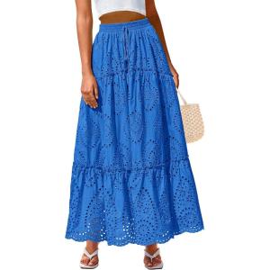 imageBTFBM Boho Long Skirts for Women Spring Summer 2026 Lace Embroidery High Waist Flowy Tiered Maxi Skirt Beach VacationBlue