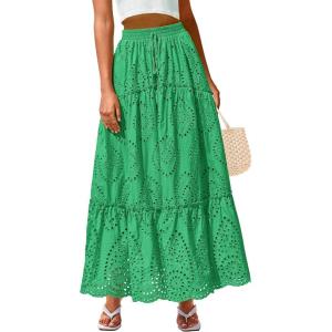 imageBTFBM Boho Long Skirts for Women Spring Summer 2026 Lace Embroidery High Waist Flowy Tiered Maxi Skirt Beach VacationGreen