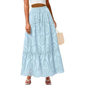 imageBTFBM Boho Long Skirts for Women Spring Summer 2026 Lace Embroidery High Waist Flowy Tiered Maxi Skirt Beach VacationLight Blue