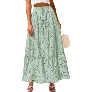 imageBTFBM Boho Long Skirts for Women Spring Summer 2026 Lace Embroidery High Waist Flowy Tiered Maxi Skirt Beach VacationLight Green