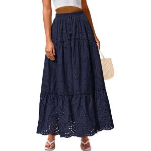 imageBTFBM Boho Long Skirts for Women Spring Summer 2026 Lace Embroidery High Waist Flowy Tiered Maxi Skirt Beach VacationNavy