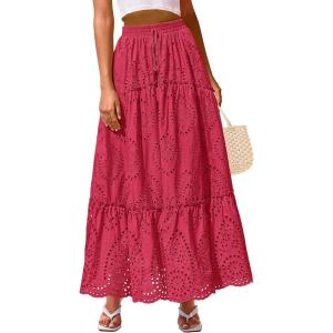imageBTFBM Boho Long Skirts for Women Spring Summer 2026 Lace Embroidery High Waist Flowy Tiered Maxi Skirt Beach VacationRed