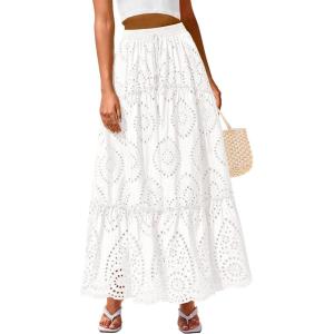 imageBTFBM Boho Long Skirts for Women Spring Summer 2026 Lace Embroidery High Waist Flowy Tiered Maxi Skirt Beach VacationWhite