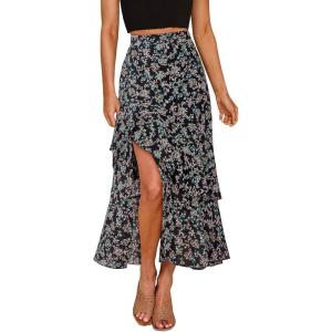 imageBTFBM Women 2026 Spring Summer Long Skirts Dress Boho Floral Elastic Waist Split Ruffle High Low Beach Maxi Skirt ClothesPrint Floral Black