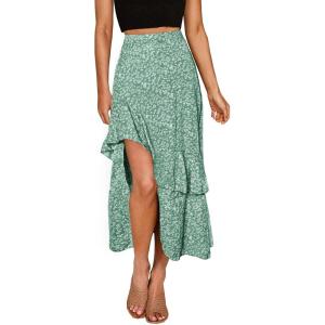 imageBTFBM Women 2026 Spring Summer Long Skirts Dress Boho Floral Elastic Waist Split Ruffle High Low Beach Maxi Skirt ClothesPrint Floral Green