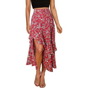 imageBTFBM Women 2026 Spring Summer Long Skirts Dress Boho Floral Elastic Waist Split Ruffle High Low Beach Maxi Skirt ClothesPrint Floral Red