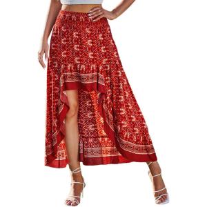 imageBTFBM Women 2026 Spring Summer Long Skirts Dress Boho Floral Elastic Waist Split Ruffle High Low Beach Maxi Skirt ClothesX  Floral Red