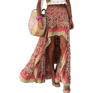imageBTFBM Women 2026 Spring Summer Long Skirts Dress Boho Floral Elastic Waist Split Ruffle High Low Beach Maxi Skirt ClothesXred