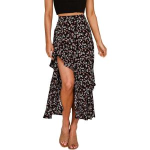 imageBTFBM Women 2026 Spring Summer Long Skirts Dress Boho Floral Elastic Waist Split Ruffle High Low Beach Maxi Skirt ClothesZblack