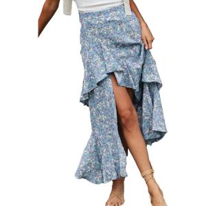 imageBTFBM Women 2026 Spring Summer Long Skirts Dress Boho Floral Elastic Waist Split Ruffle High Low Beach Maxi Skirt ClothesZblue