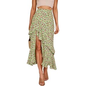 imageBTFBM Women 2026 Spring Summer Long Skirts Dress Boho Floral Elastic Waist Split Ruffle High Low Beach Maxi Skirt ClothesZgreen