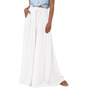 imageBTFBM Women Casual High Waist Wide Leg Pants 2026 Spring Summer Long Palazzo Pants Pocket Lounge Beach Vacation ClothesSolid White