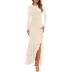 imageBTFBM Womens Maxi Dresses Fall 2025 Long Sleeve Ruched Bodycon Solid Ruffle Mermaid Cocktail Wedding Guest DressBeige