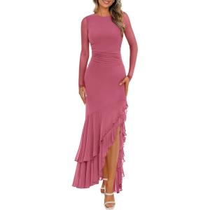 imageBTFBM Womens Maxi Dresses Fall 2025 Long Sleeve Ruched Bodycon Solid Ruffle Mermaid Cocktail Wedding Guest DressGrey Pink