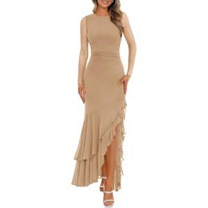 imageBTFBM Womens Maxi Dresses Fall 2025 Long Sleeve Ruched Bodycon Solid Ruffle Mermaid Cocktail Wedding Guest DressKhaki