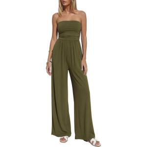 imageBTFBM Jumpsuits For Women Summer 2026 Beach Vacation Strapless Tube Top Jumpsuit Ruched Casual Wide Leg Pant RompersArmy Green