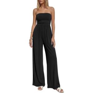 imageBTFBM Jumpsuits For Women Summer 2026 Beach Vacation Strapless Tube Top Jumpsuit Ruched Casual Wide Leg Pant RompersBlack