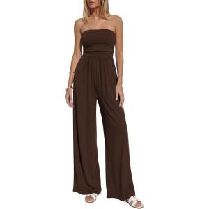 imageBTFBM Jumpsuits For Women Summer 2026 Beach Vacation Strapless Tube Top Jumpsuit Ruched Casual Wide Leg Pant RompersBrown