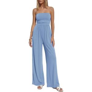 imageBTFBM Jumpsuits For Women Summer 2026 Beach Vacation Strapless Tube Top Jumpsuit Ruched Casual Wide Leg Pant RompersLight Blue