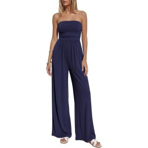 imageBTFBM Jumpsuits For Women Summer 2026 Beach Vacation Strapless Tube Top Jumpsuit Ruched Casual Wide Leg Pant RompersNavy Blue