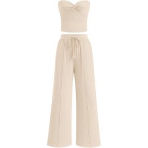 imageBTFBM Two Piece Sets For Women Summer Ribbed Strapless Twist Knot Tube Top Pants Set Casual 2026 Beach Vacation OutfitsApricot