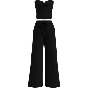 imageBTFBM Two Piece Sets For Women Summer Ribbed Strapless Twist Knot Tube Top Pants Set Casual 2026 Beach Vacation OutfitsBlack