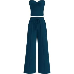 imageBTFBM Two Piece Sets For Women Summer Ribbed Strapless Twist Knot Tube Top Pants Set Casual 2026 Beach Vacation OutfitsDark Blue
