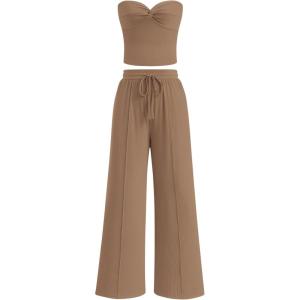 imageBTFBM Two Piece Sets For Women Summer Ribbed Strapless Twist Knot Tube Top Pants Set Casual 2026 Beach Vacation OutfitsKhaki